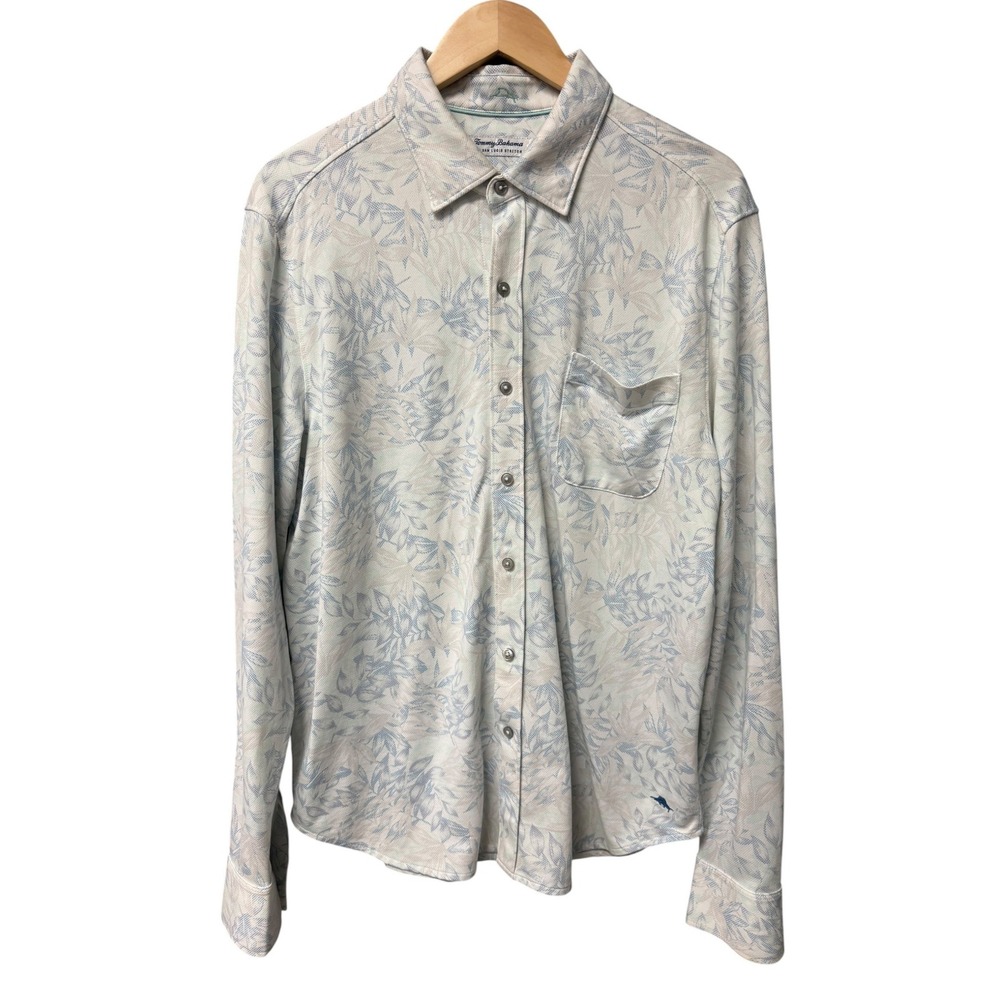 Tommy Bahama Button Up Shirt Mens L White Blue Plant IslandZone Tropical Coastal